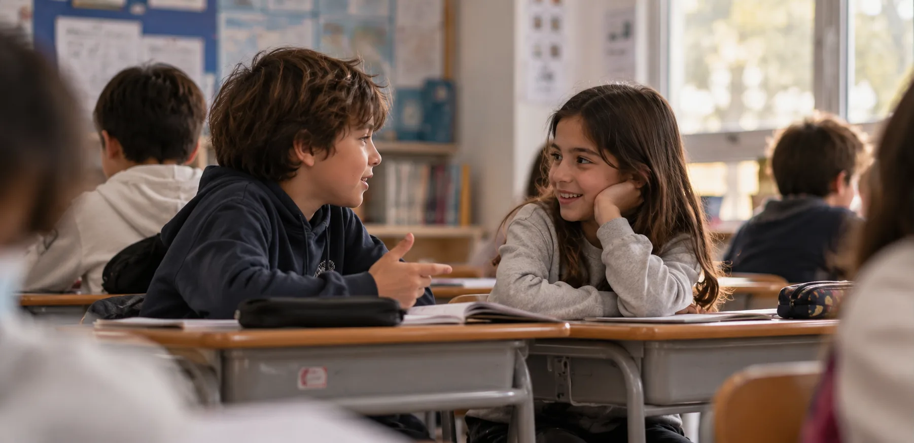 Dos alumnos conversan sonrientes en sus pupitres, en un aula luminosa.