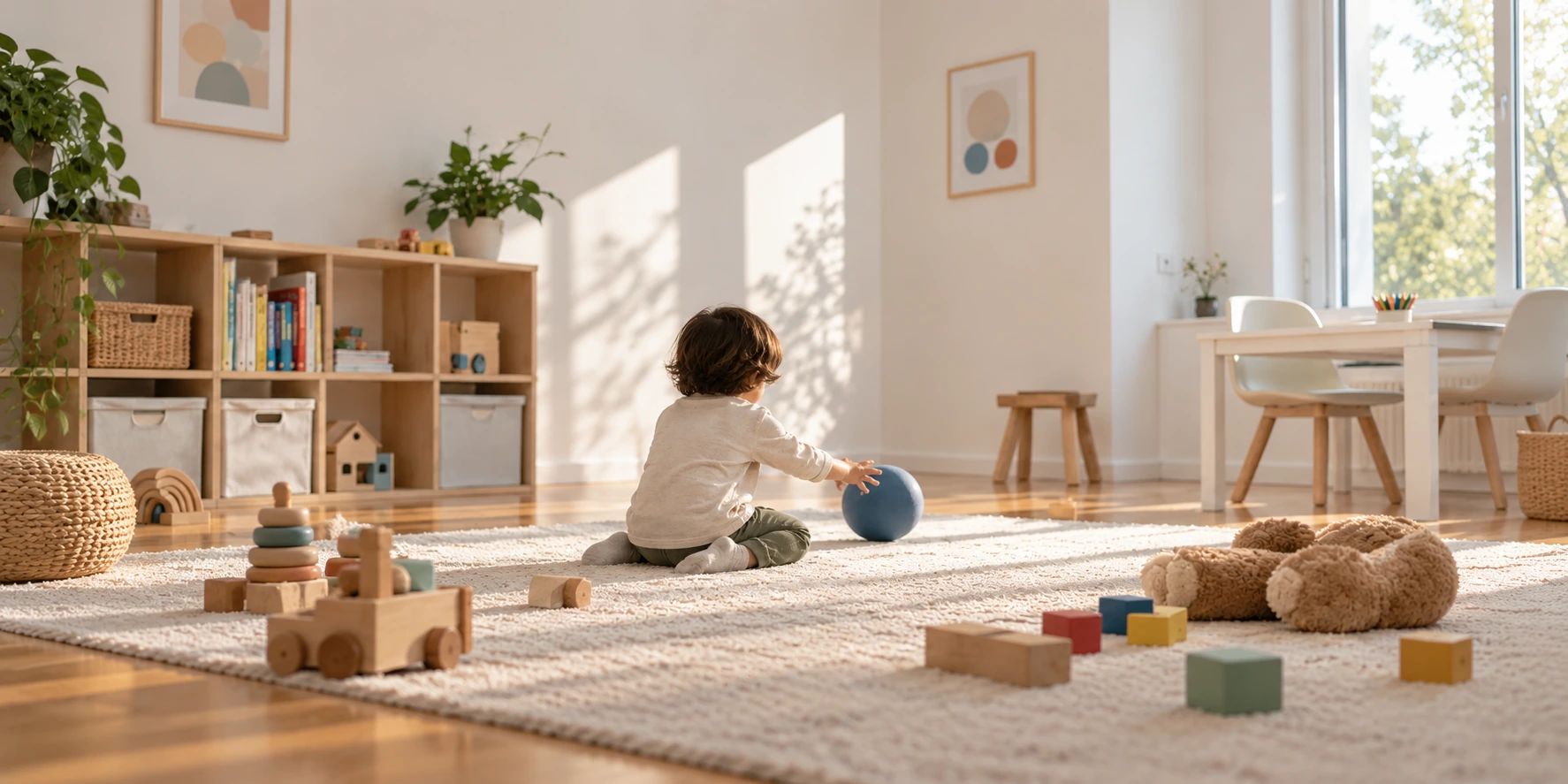 Un niño juega con una pelota en el suelo de una sala infantil luminosa.