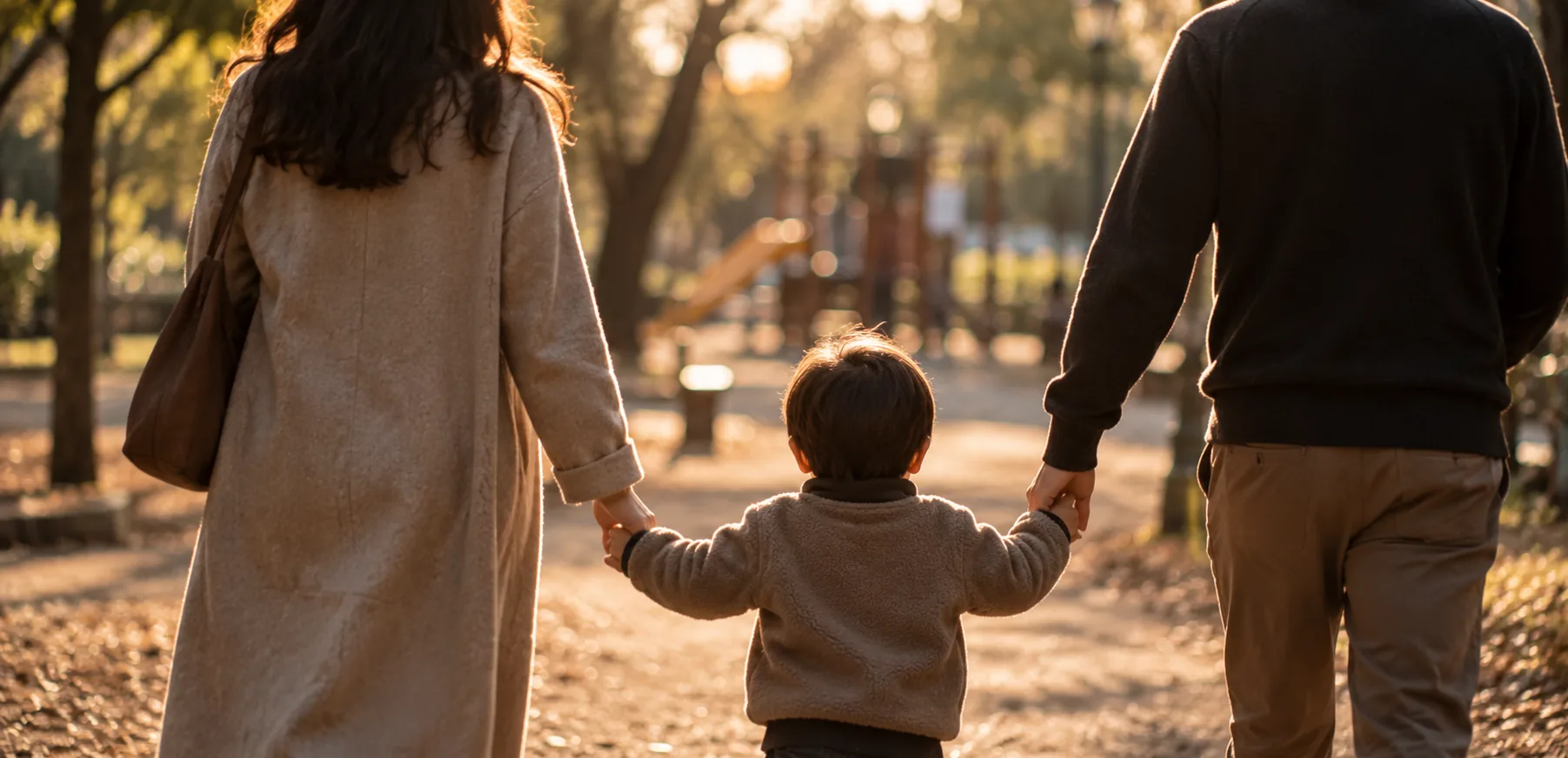 Una madre y un padre pasean por un parque al atardecer, cada uno de la mano de su hijo, que camina entre los dos.